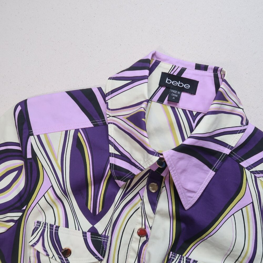Vintage Bebe Purple Collard Snap Button Long Sleeve Blouse - Picture 3 of 16